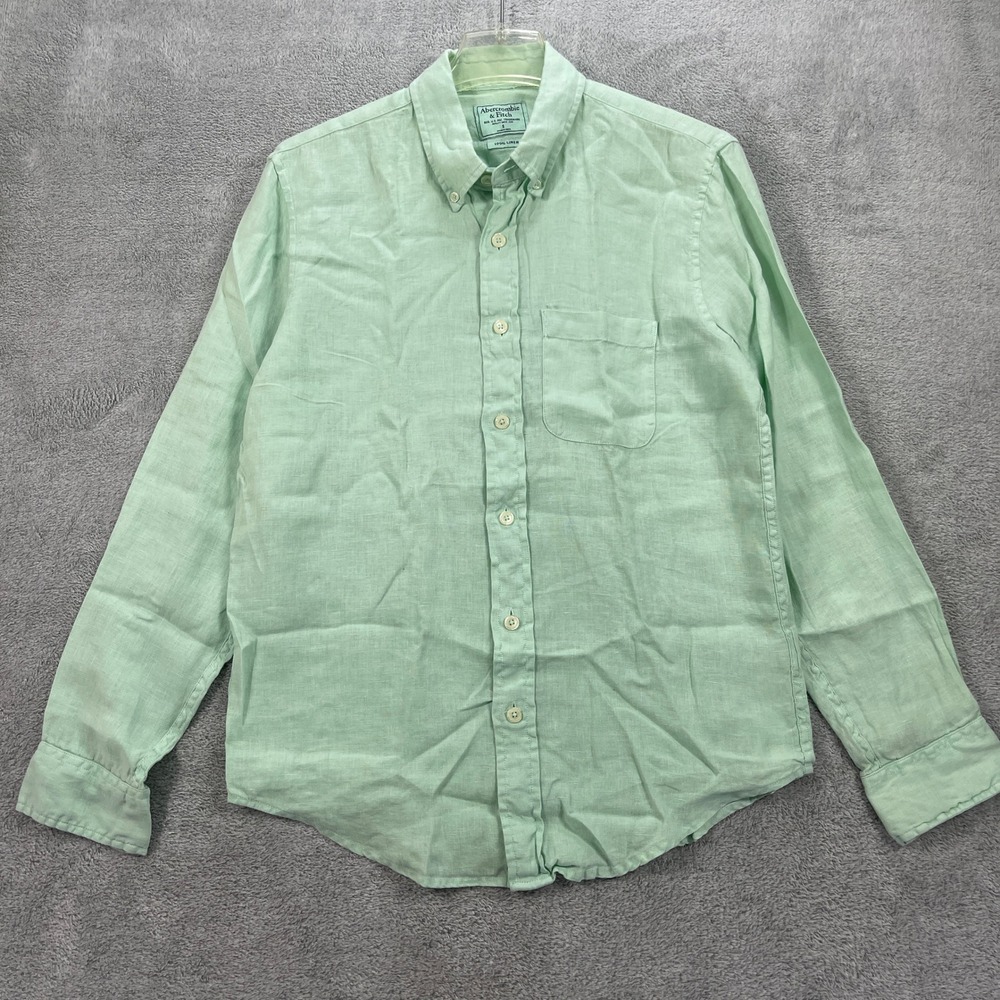 Abercrombie & Fitch Button Down Men S Green 100% Linen Long Sleeve Shirt Solid